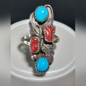 Native American Sterling Silver Turquoise Coral Vintage Ring Signed R Size 9